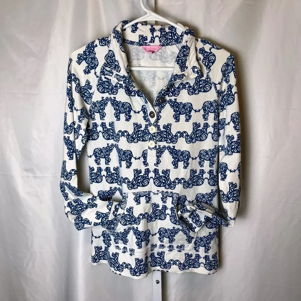 Lilly Pulitzer Pullover Sweatshirt Sz XS Blue Elephant Print Style 13153 Coastal - Picture 1 of 7